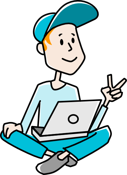 Illustration: Person mit Laptop macht Siegeszeichen.