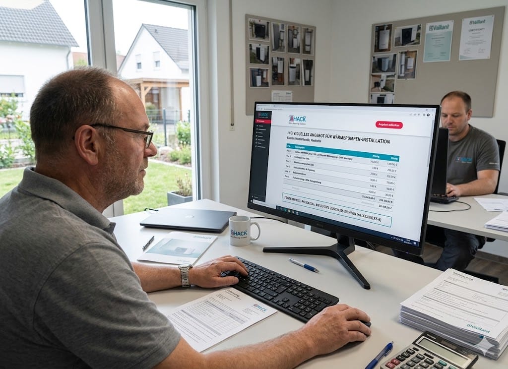 Mann erstellt Angebot für Wärmepumpen-Installation am Computer