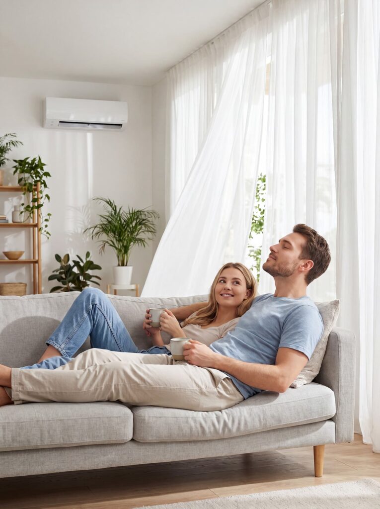 Paar entspannt auf Sofa unter Klimaanlage