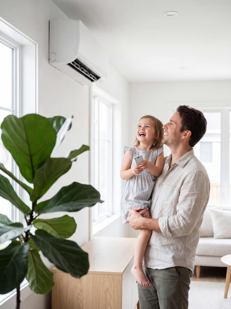 Vater und Tochter unter moderner Klimaanlage