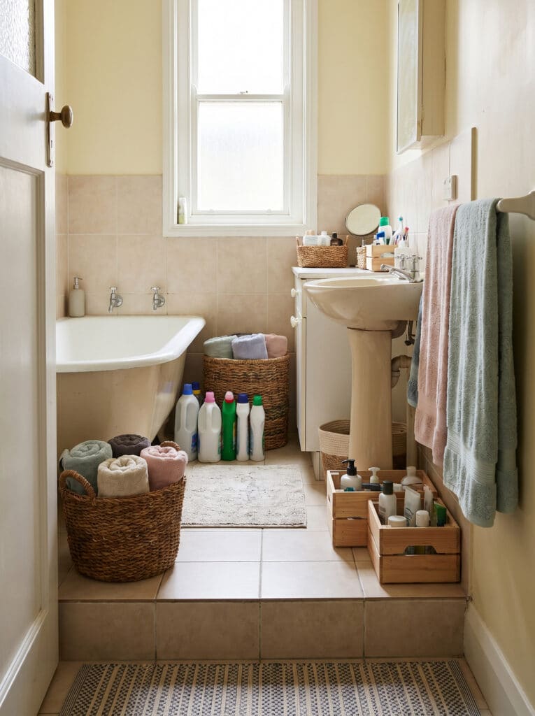 Kleines, ordentliches Badezimmer mit Badewanne und Waschbecken