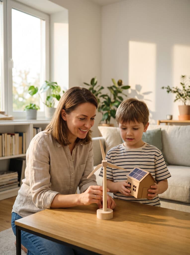 Mutter und Sohn mit Solarhaus und Windradmodell