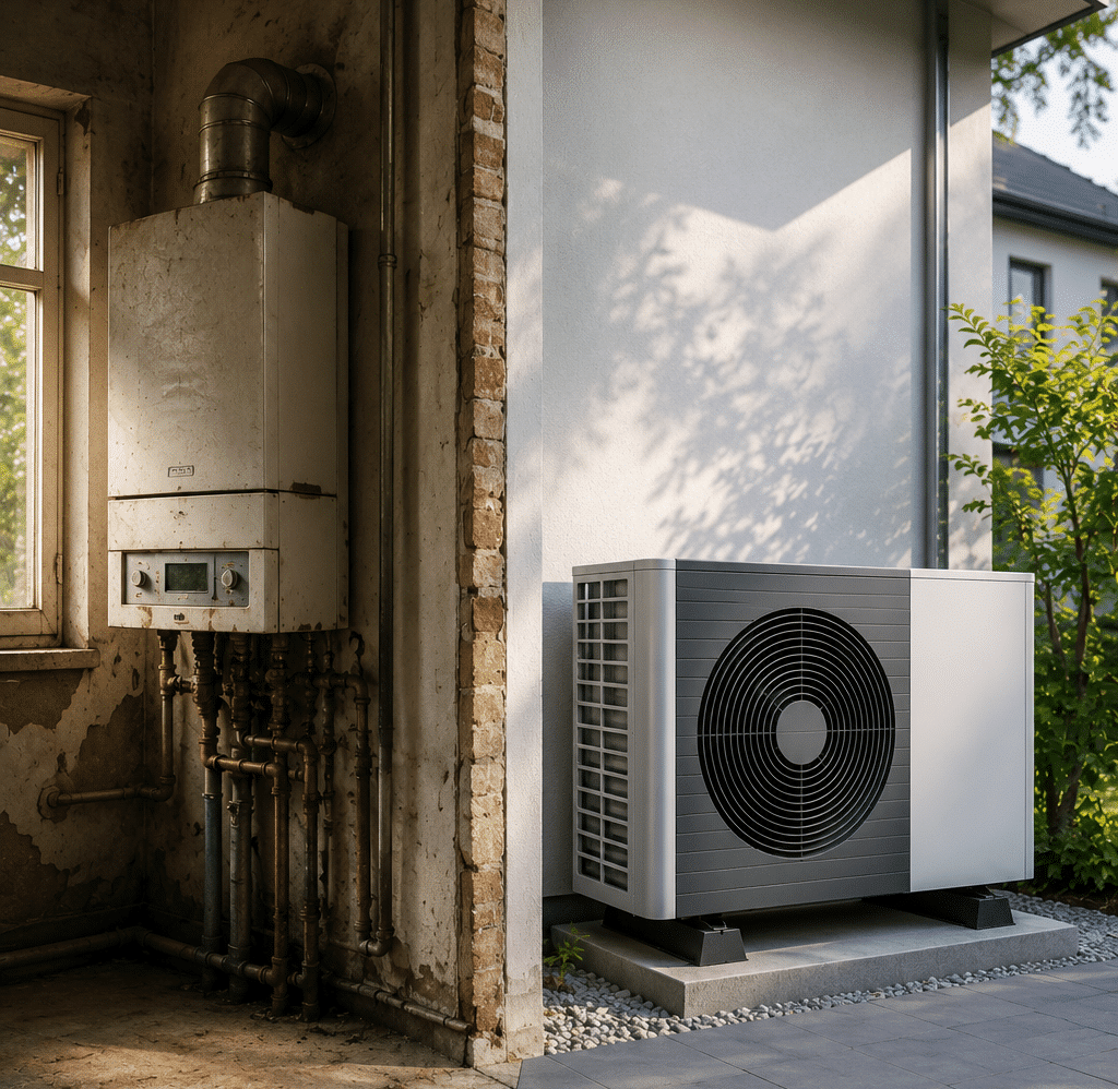 Alter Gasheizkessel neben moderner Wärmepumpe